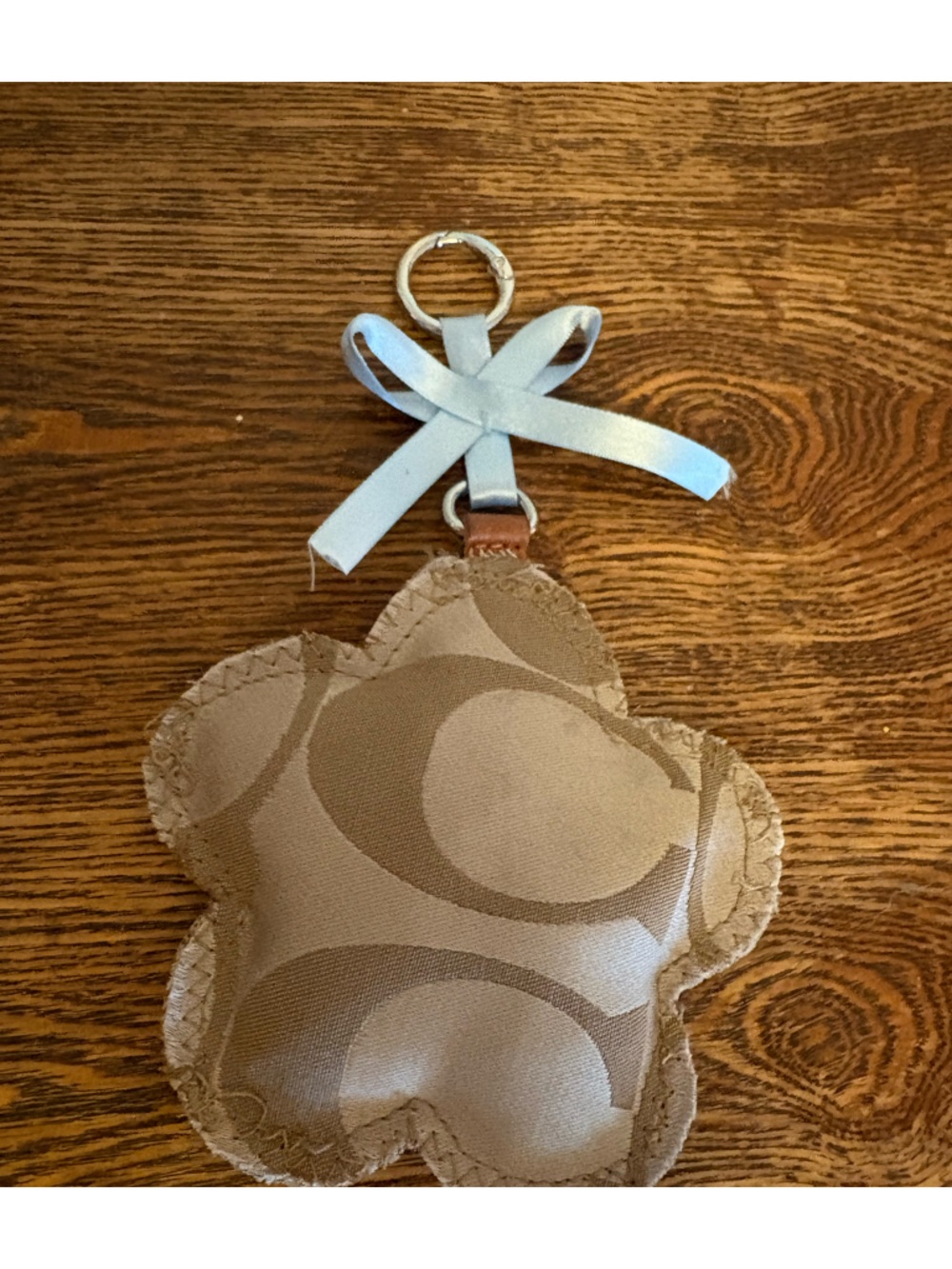 Handmade Flower Bag Charm Made W/ Repurposed COACH bags Tan Gold 5x5”